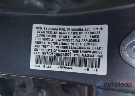 2016 Honda Civic Lx из США, поврежденный, VIN 19XFC2F58GE234579